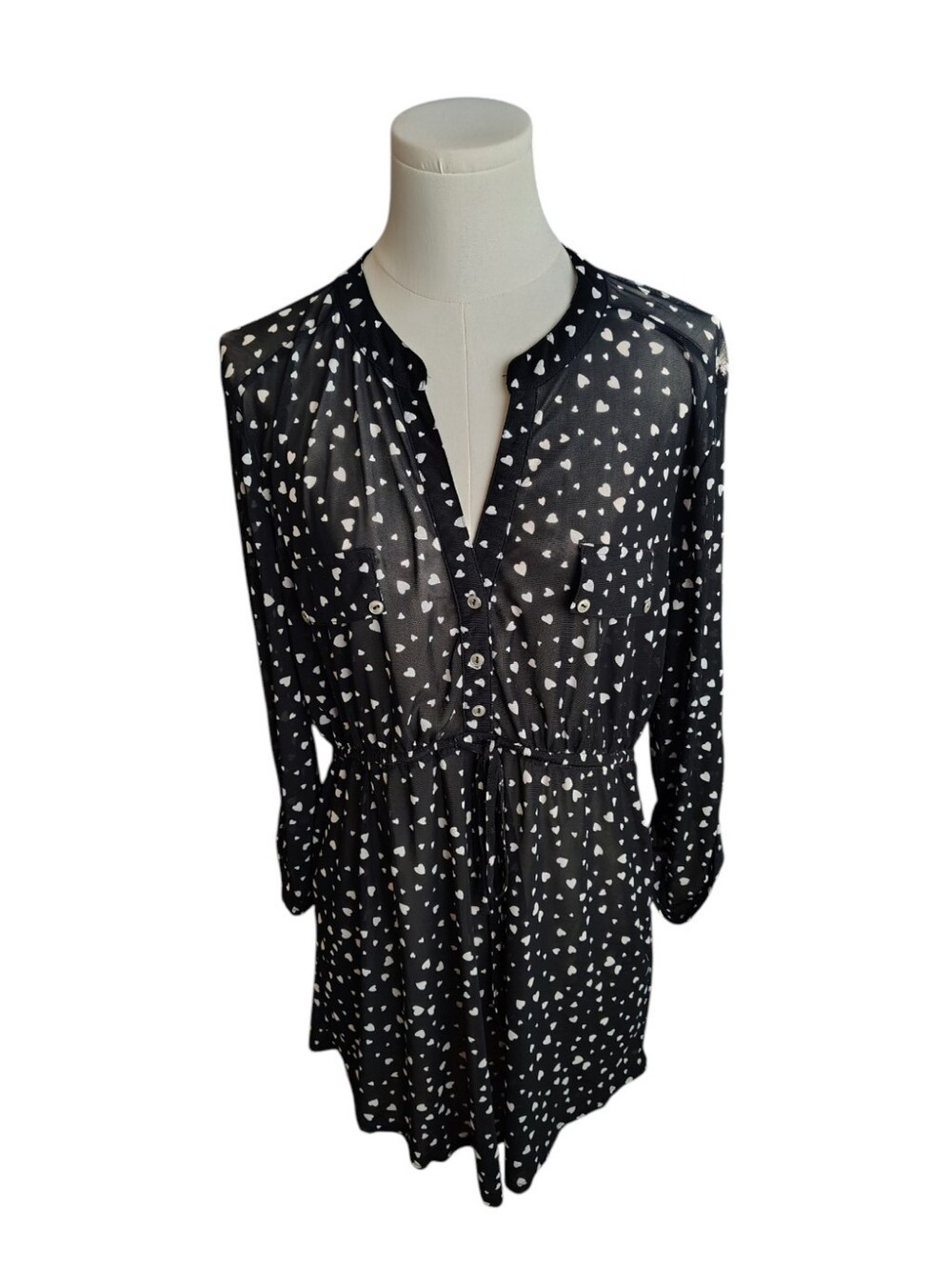 Siren Lily Black Sheer Cuffed Dress Length Blouse With White Hearts Size Large